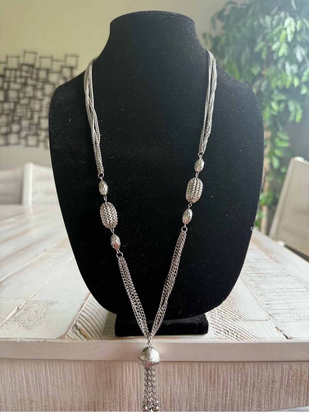 Coro Silver Tone Multi Strand Station Tassel Necklace Boho 1970s signed vintage